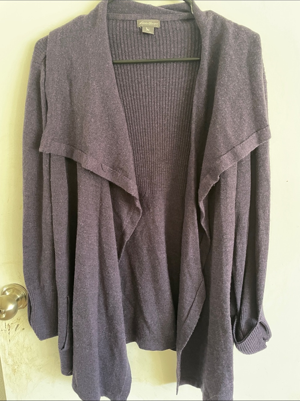 Eddie Bauer Deep Purple Draped Open-Front Cardigan